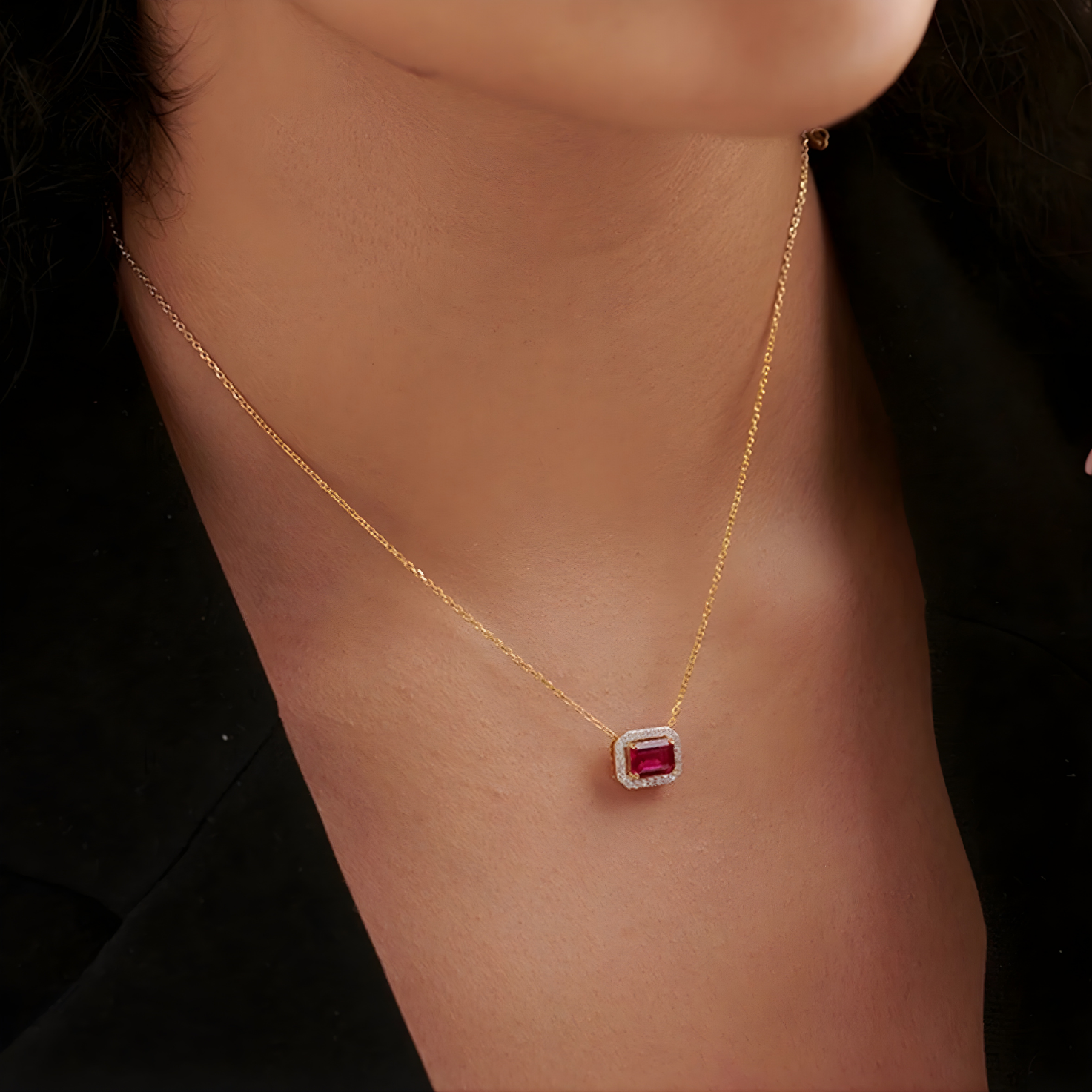 Gold Plated Ruby Halo Necklace