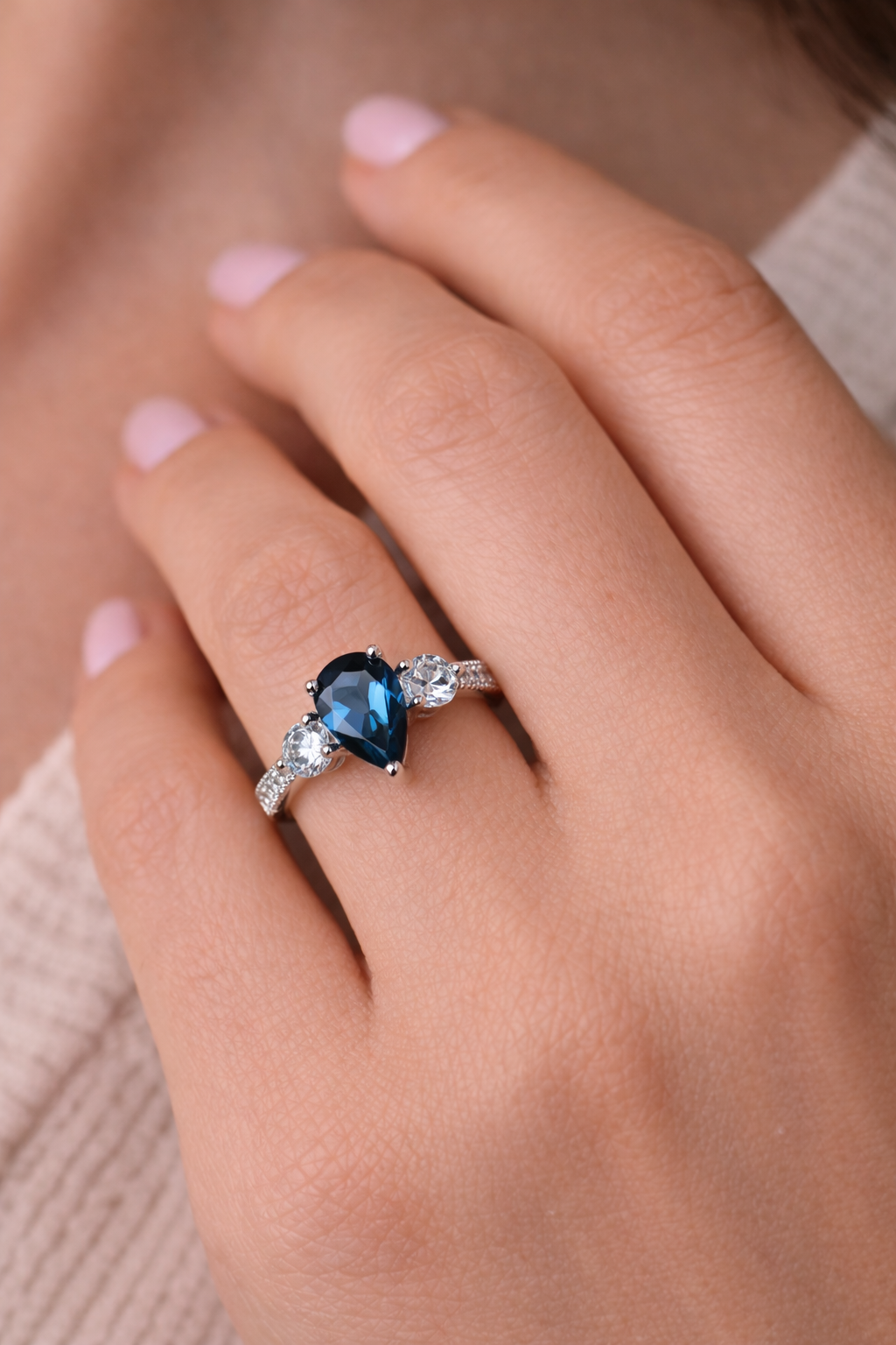 London Blue Topaz Pear Cut Stone Ring - ARTSY SILVER