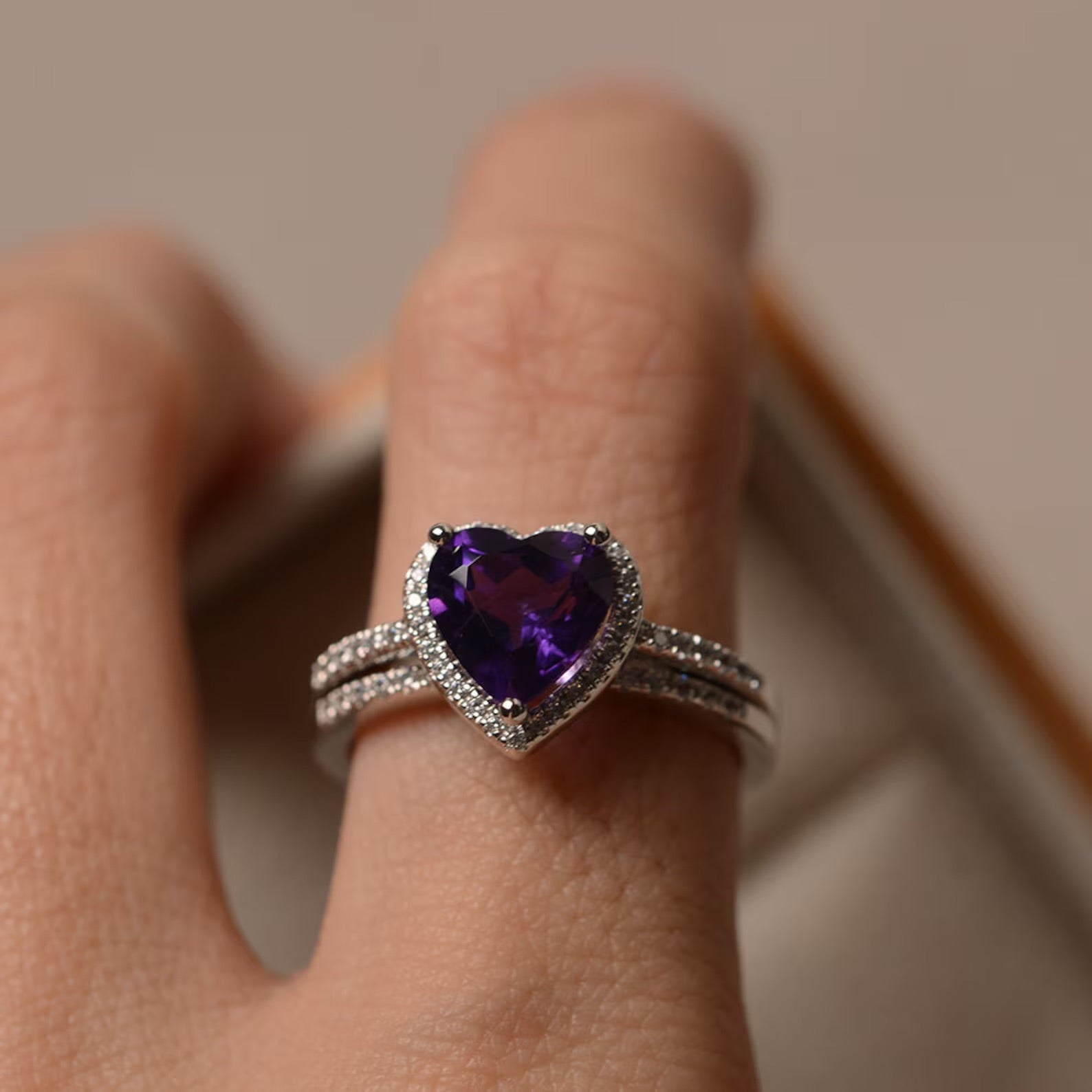 Mi Amor Amethyst Stone 2 Set Ring - ARTSY SILVER