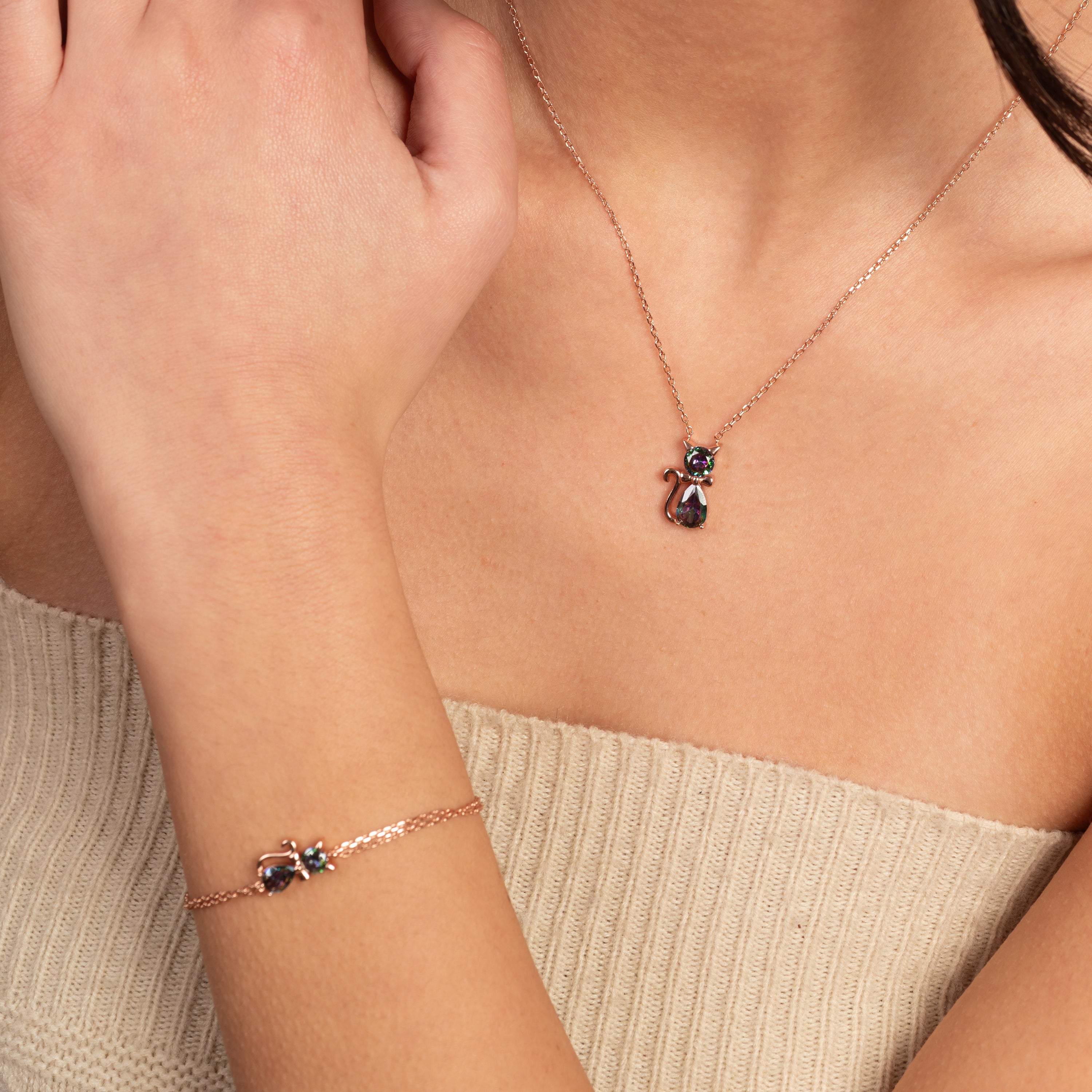 Mystic Topaz Stone Cat Bracelet & Necklace Set