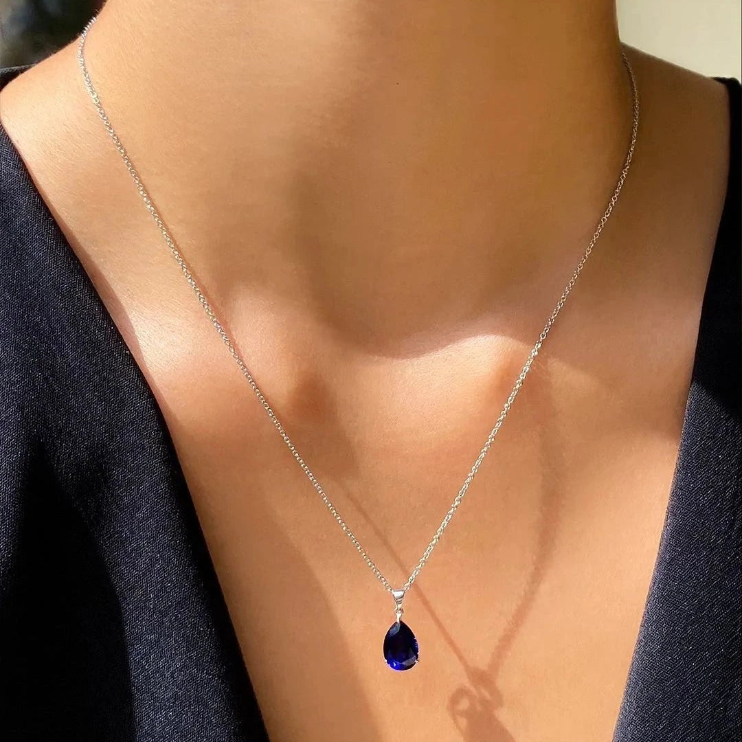 Pear Cut Blue Sapphire Charm Necklace woman - ARTSY SILVER