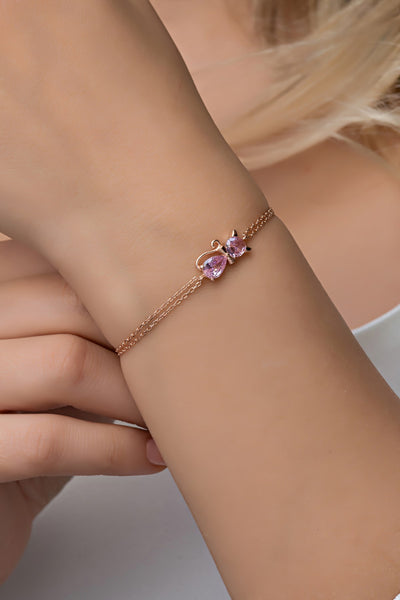 Woman's   Silver with 18K rose gold plating with cat  Pink Stone I ARTSY SILVER