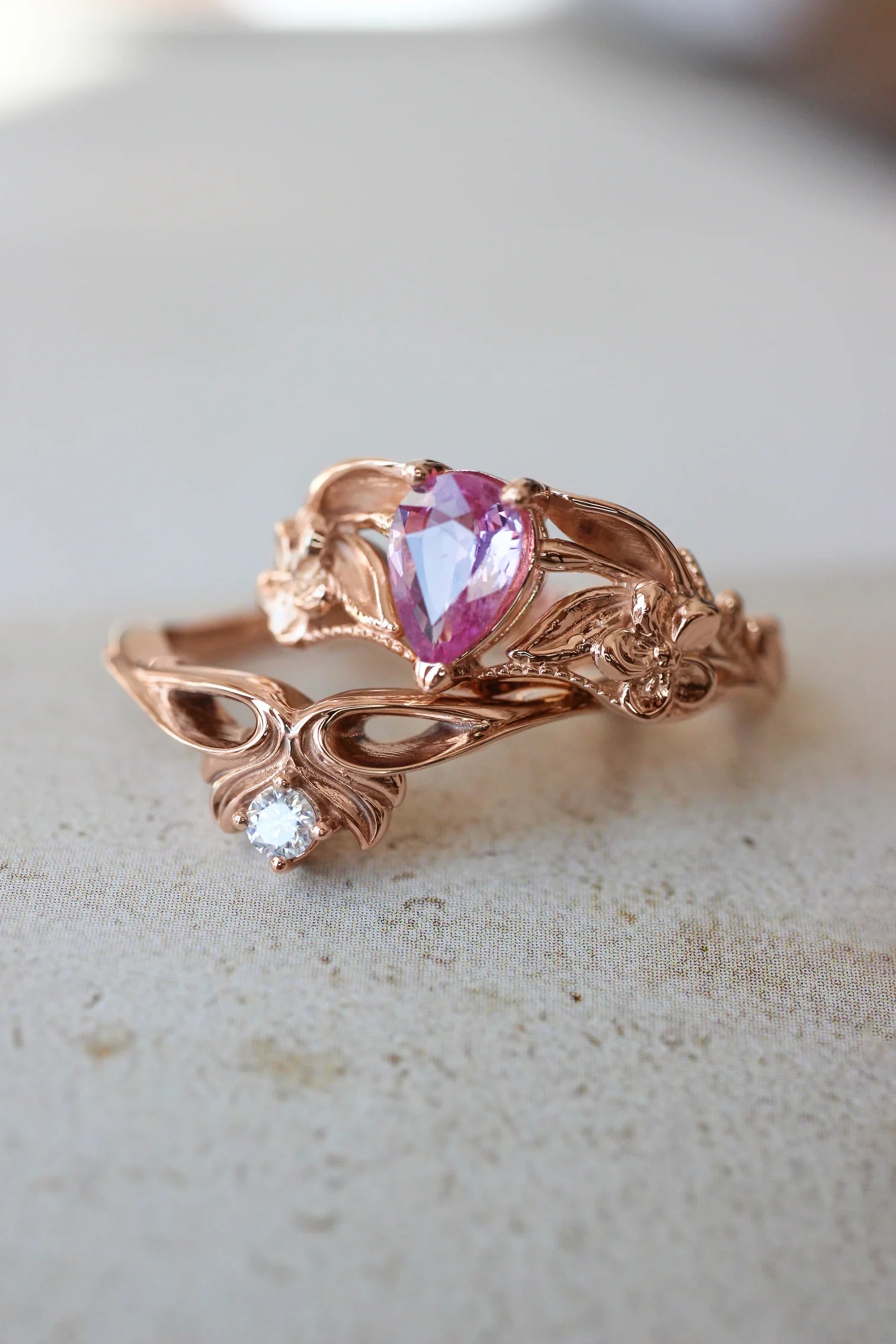 Pink pear Stone ring set