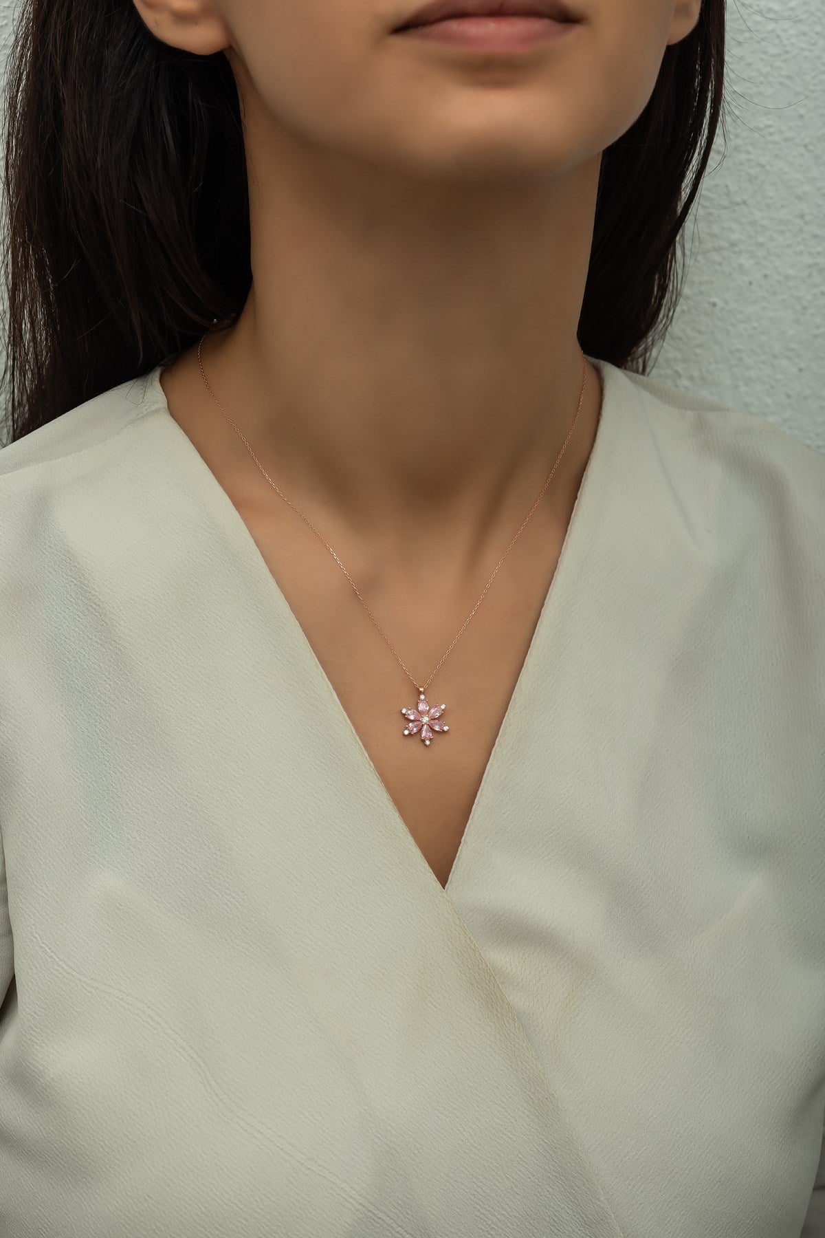 Rose Pink Zircon Stone Flower Necklace