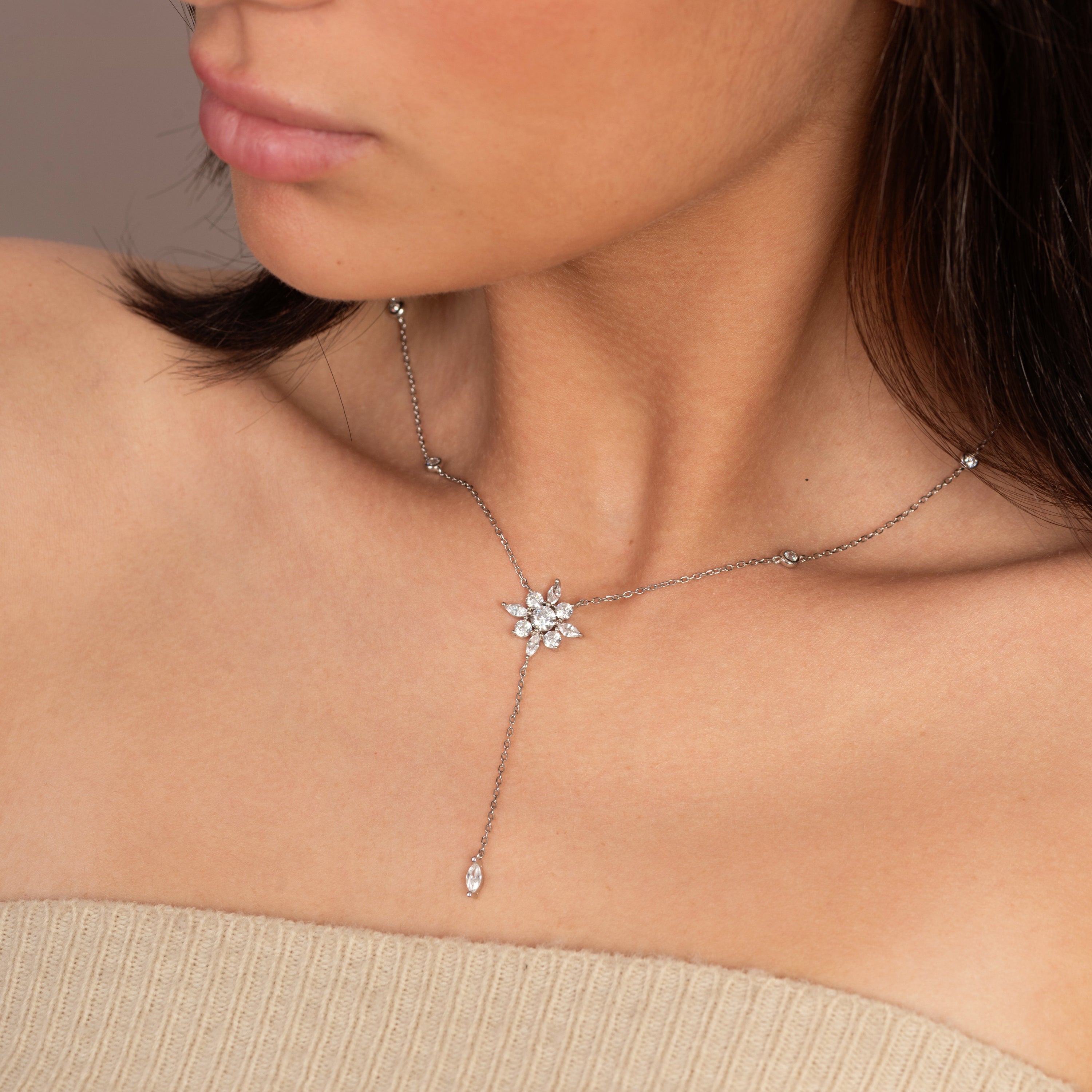 Round & Marquise Stone Lariat Necklace
