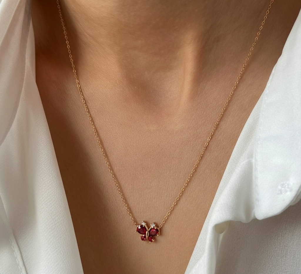 Ruby Butterfly Gold Plated Necklace