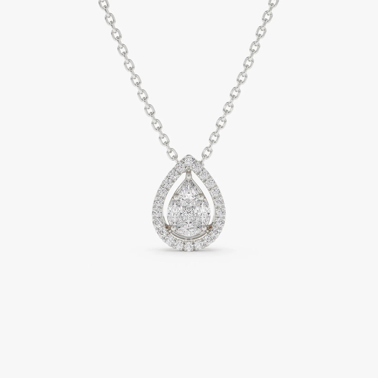 Diamond teardrop necklace on a white background