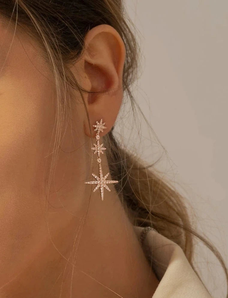 Triple Pole Star Drop Earrings - Rose Gold