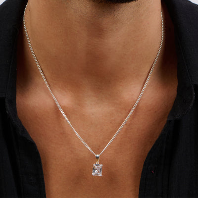 box-chain-and-white-zircon-rectangle-pendant - ARTSY SILVER
