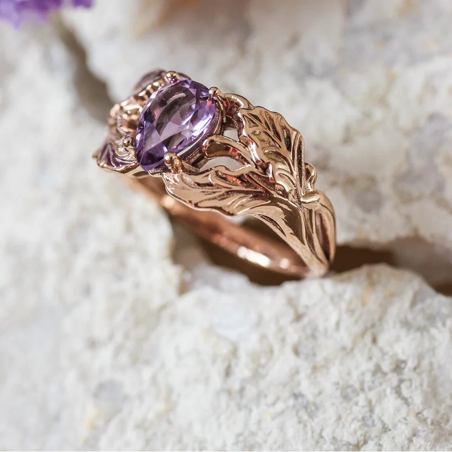 Amethyst Stone Pear Cut Leaf Ring - ARTSY SILVER
