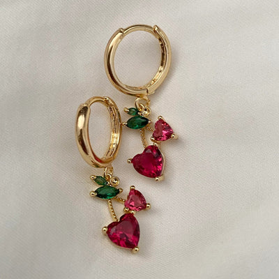 Cherry Lady Earrings - ARTSY SILVERRed zircon Heart Gold Plated Woman's  - ARTSY SILVER