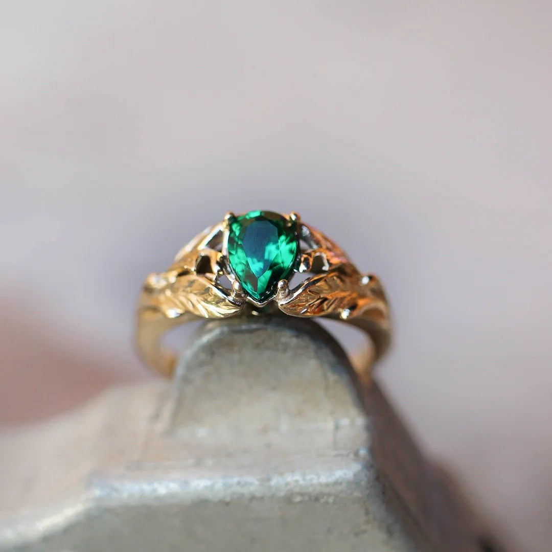 woman's ring gold plated  GREEN EmeraldStone-ARTSY SILVER