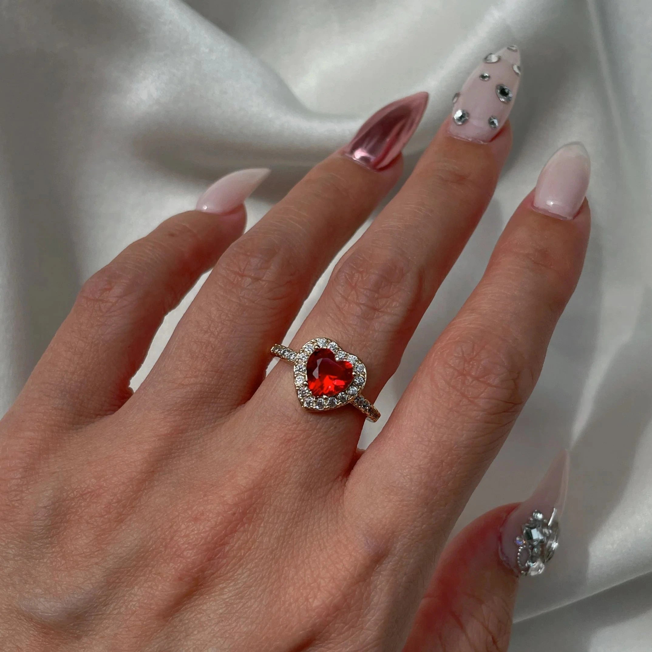 You Red Zircon Heart Ring - ARTSY SILVER