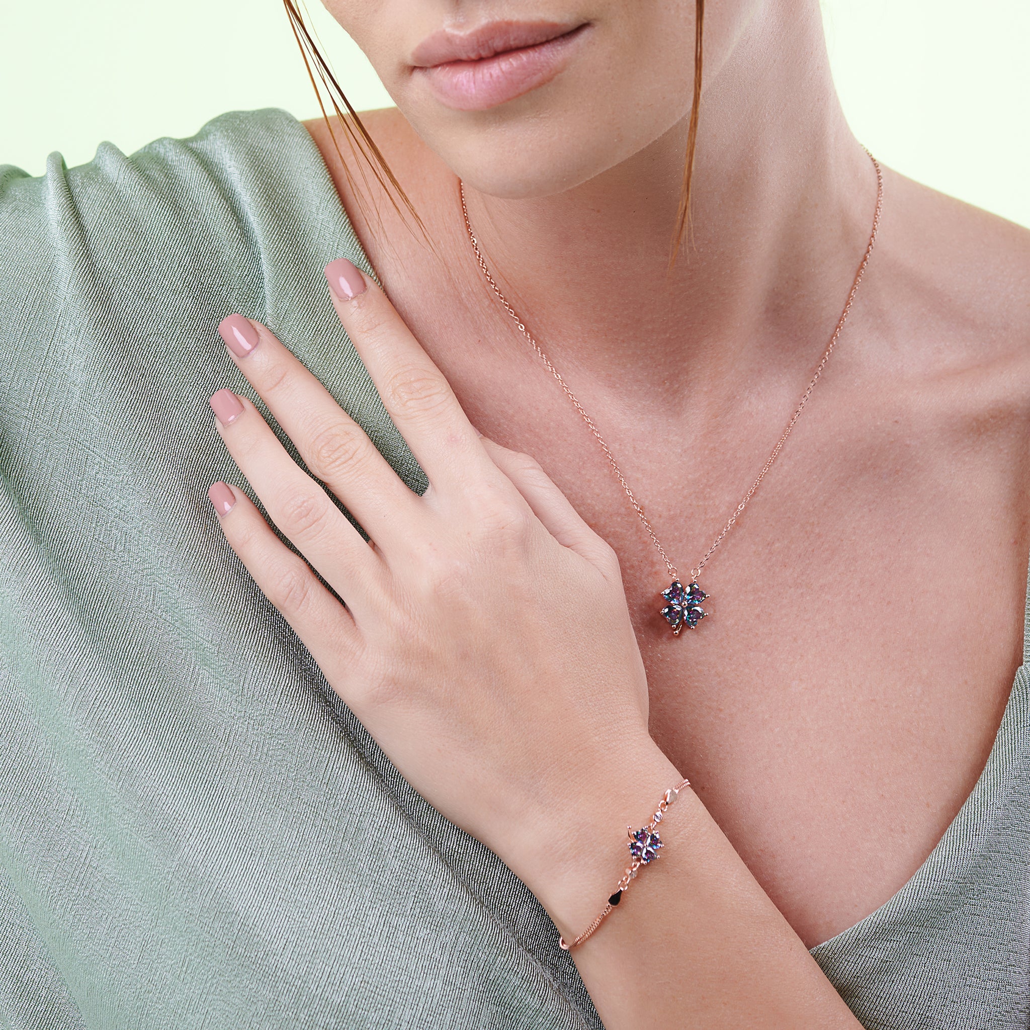 Mystic topaz stone clover necklace & Bracelet Set