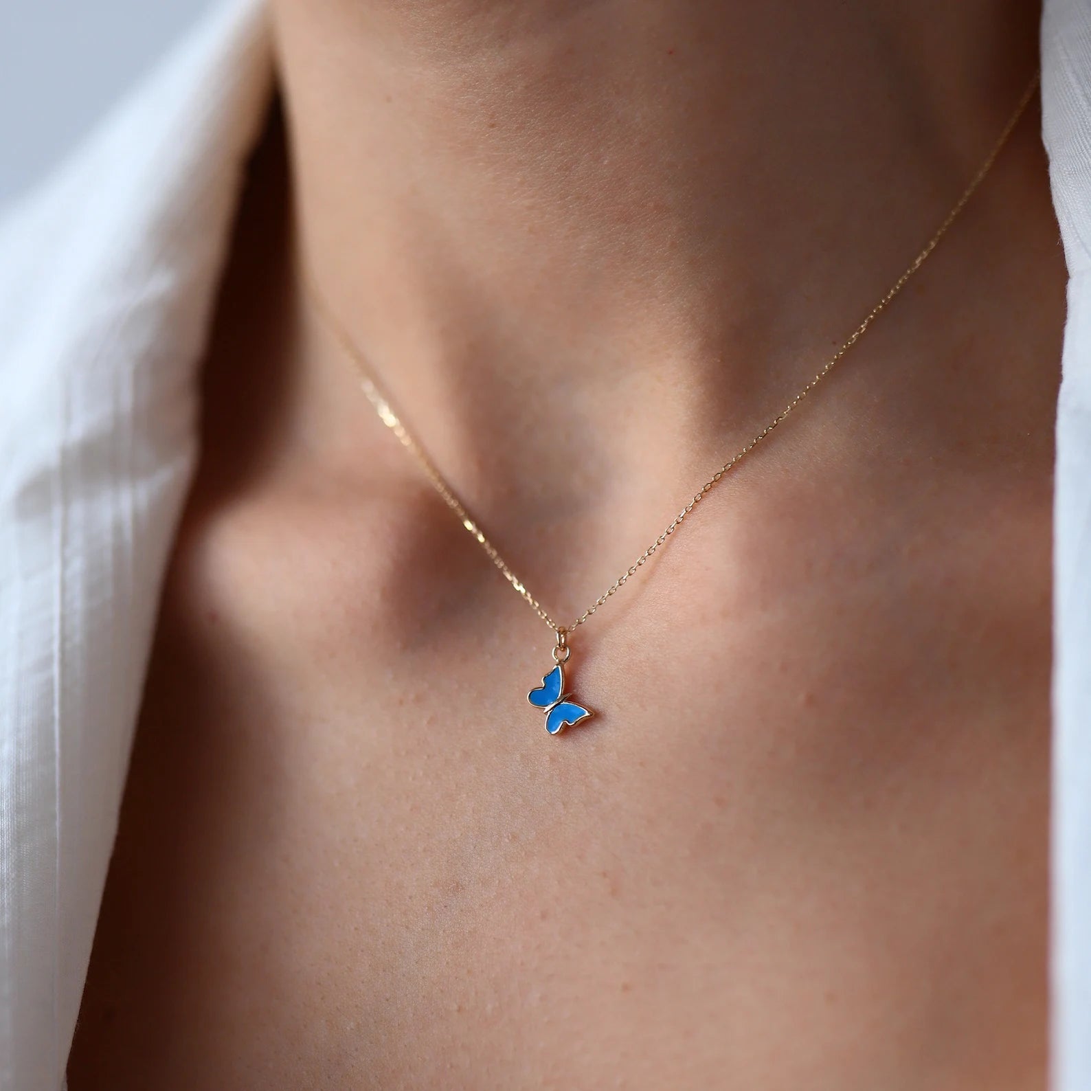 Dainty Blue Enamel Butterfly Necklace