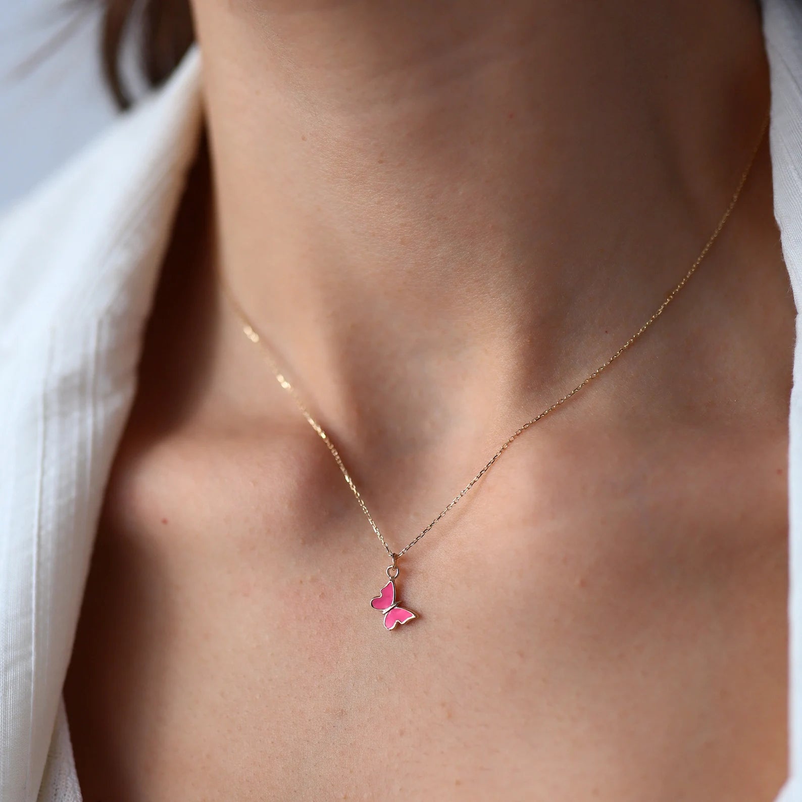 Dainty Pink Enamel Butterfly Necklace