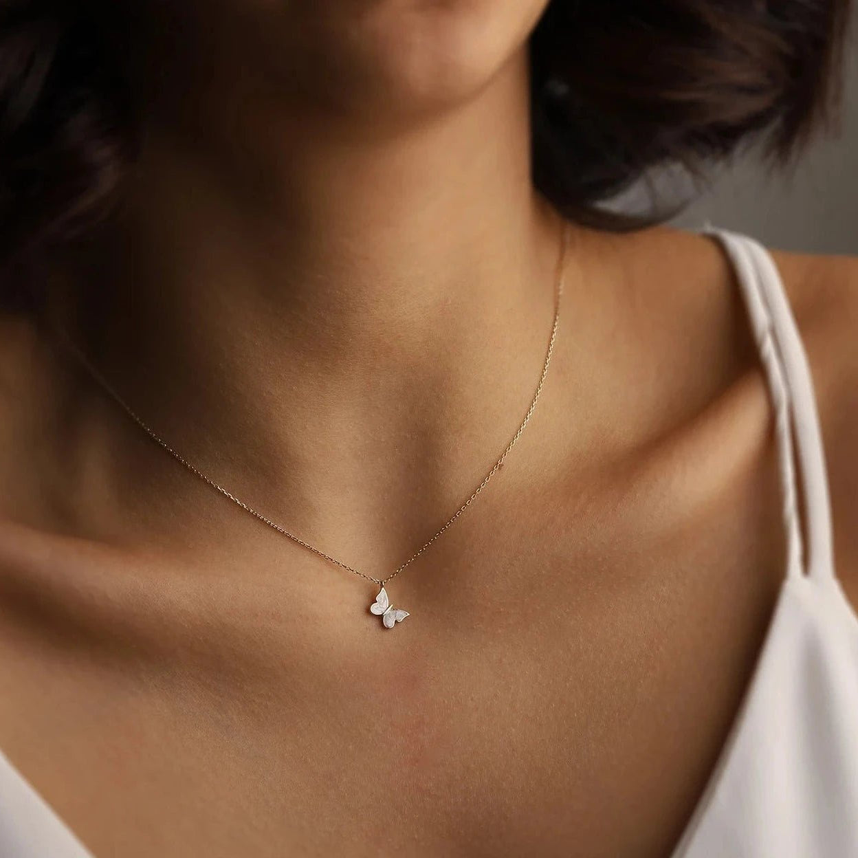 Dainty White Enamel Butterfly Necklace - ARTSY SILVER