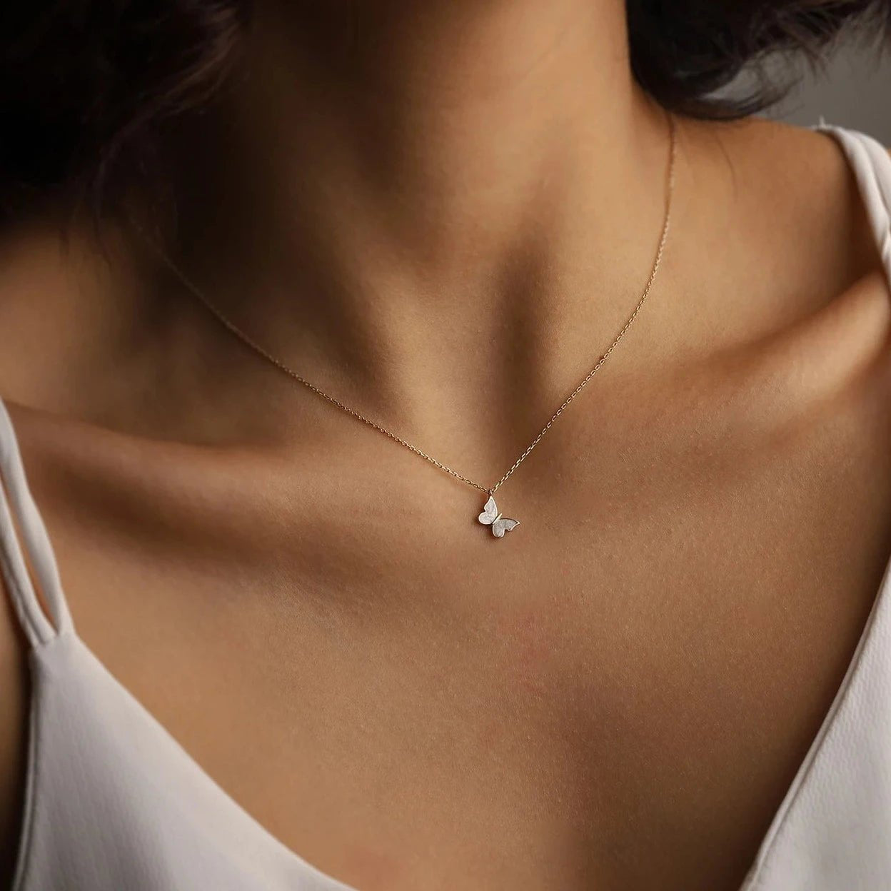 Dainty White Enamel Butterfly Necklace - ARTSY SILVER