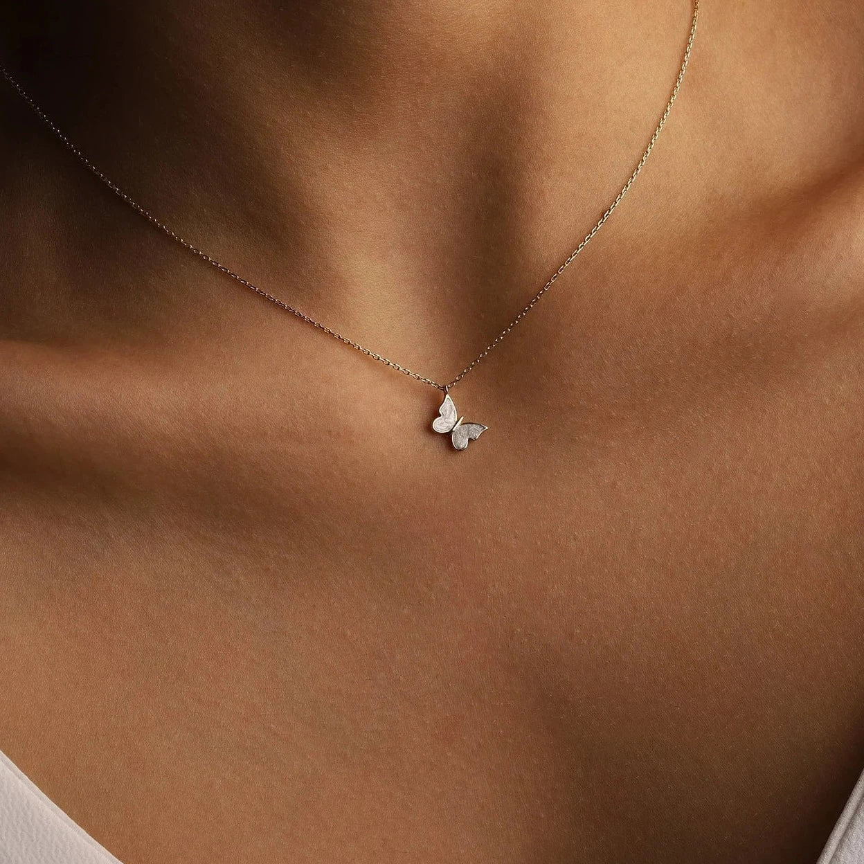 Dainty White Enamel Butterfly Necklace - ARTSY SILVER
