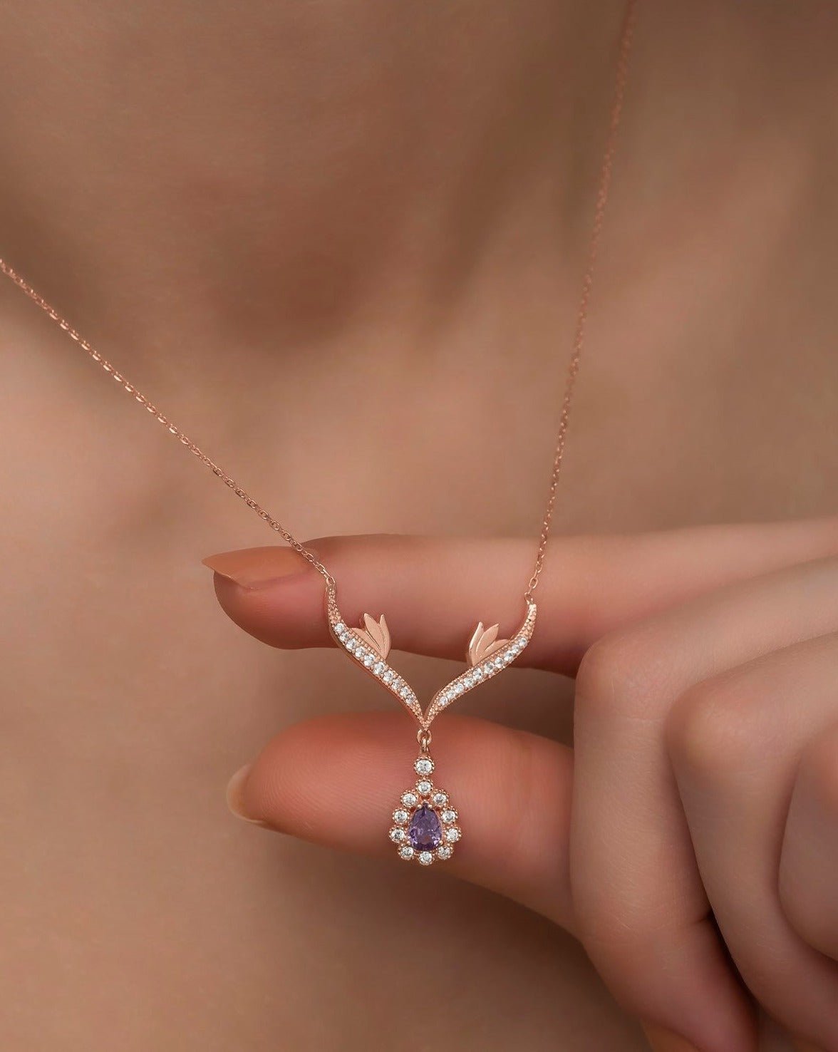 Deer Charm Purple Zircon Necklace - ARTSY SILVER